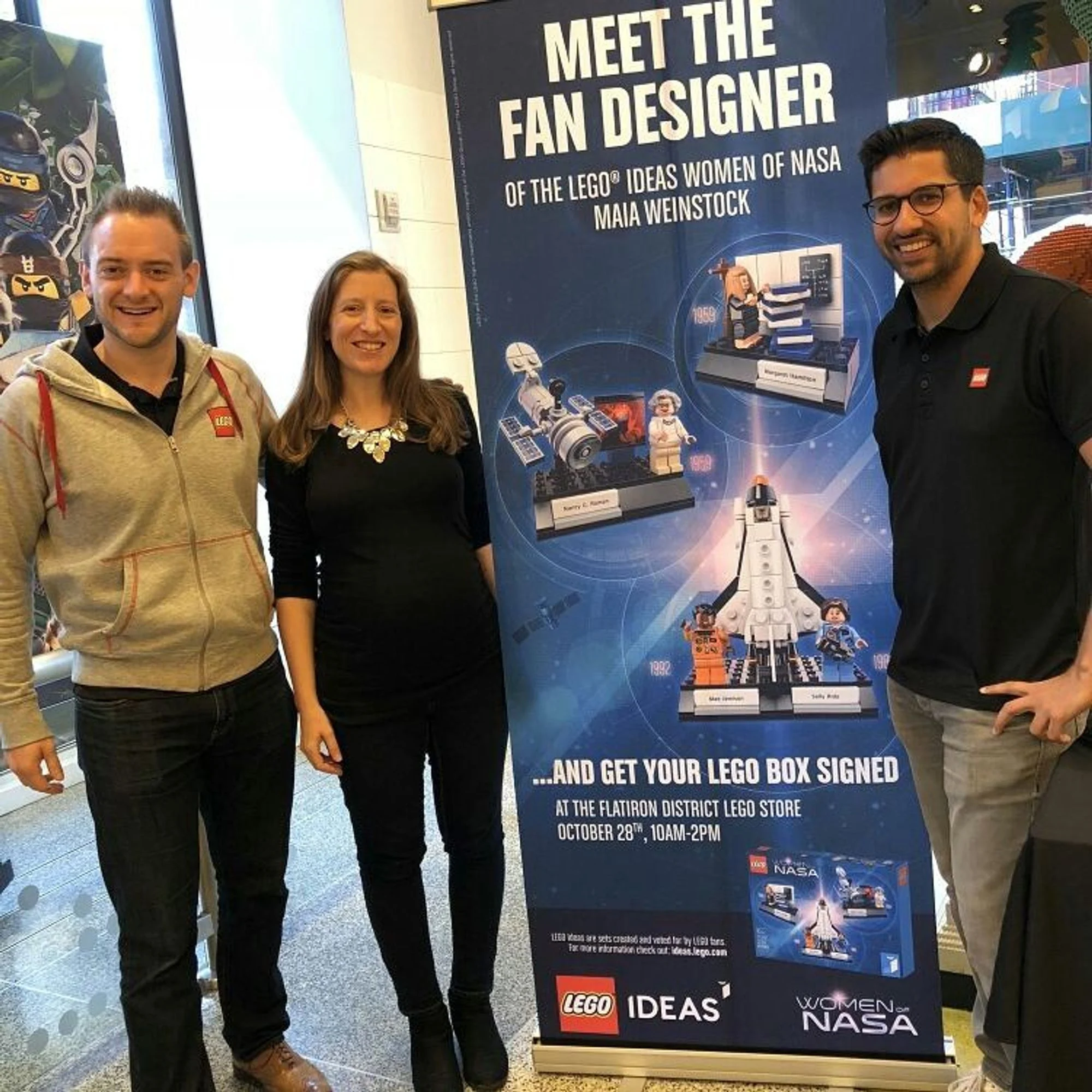 With LEGO IDEAS fan designer Maia Weinstock and fellow IDEAS team member Hasan Jensen at the Flatiron LEGO Store in New York, 2017.