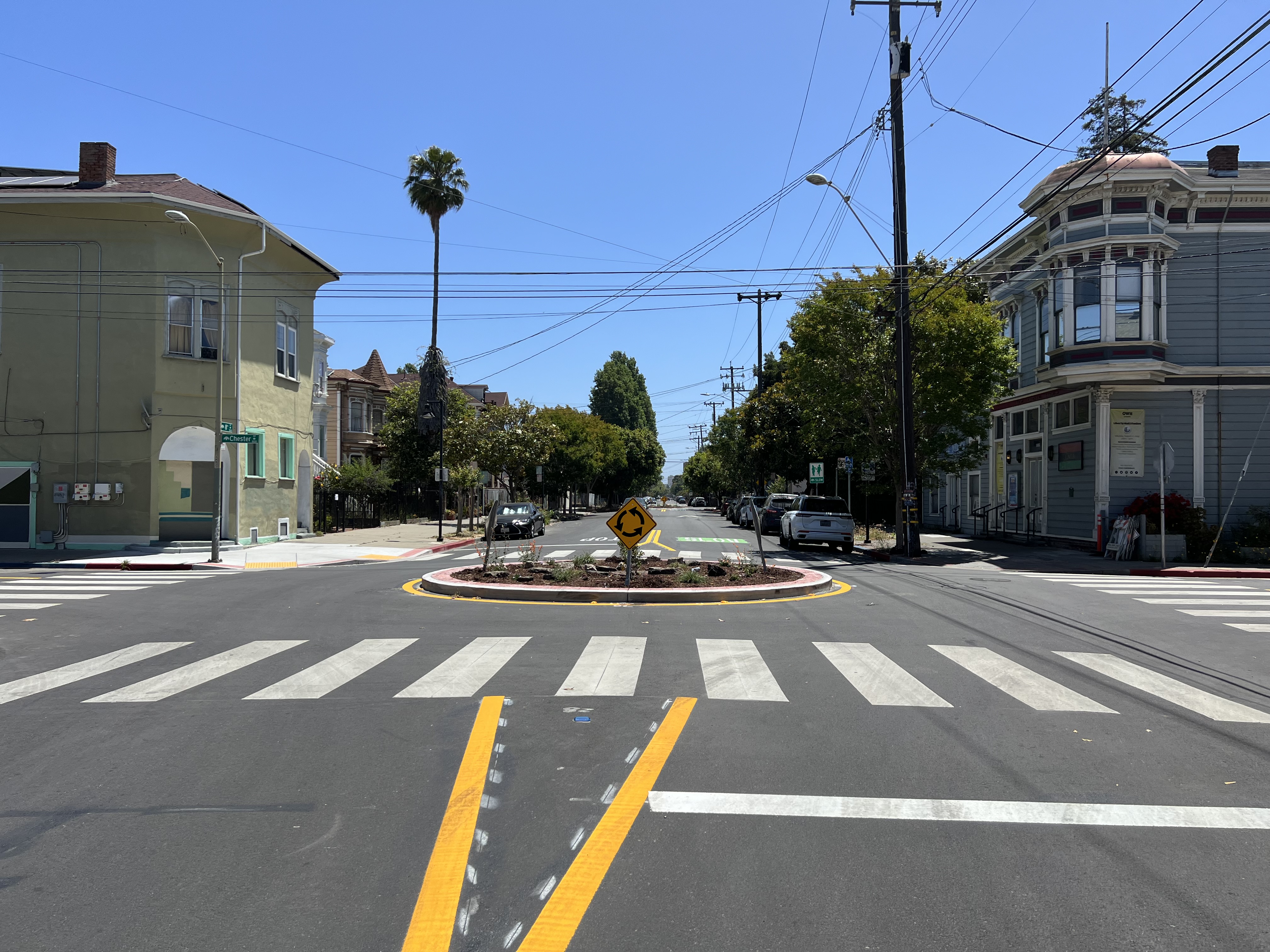 The completed traffic circle on 8th and Chester, Spring 2024.