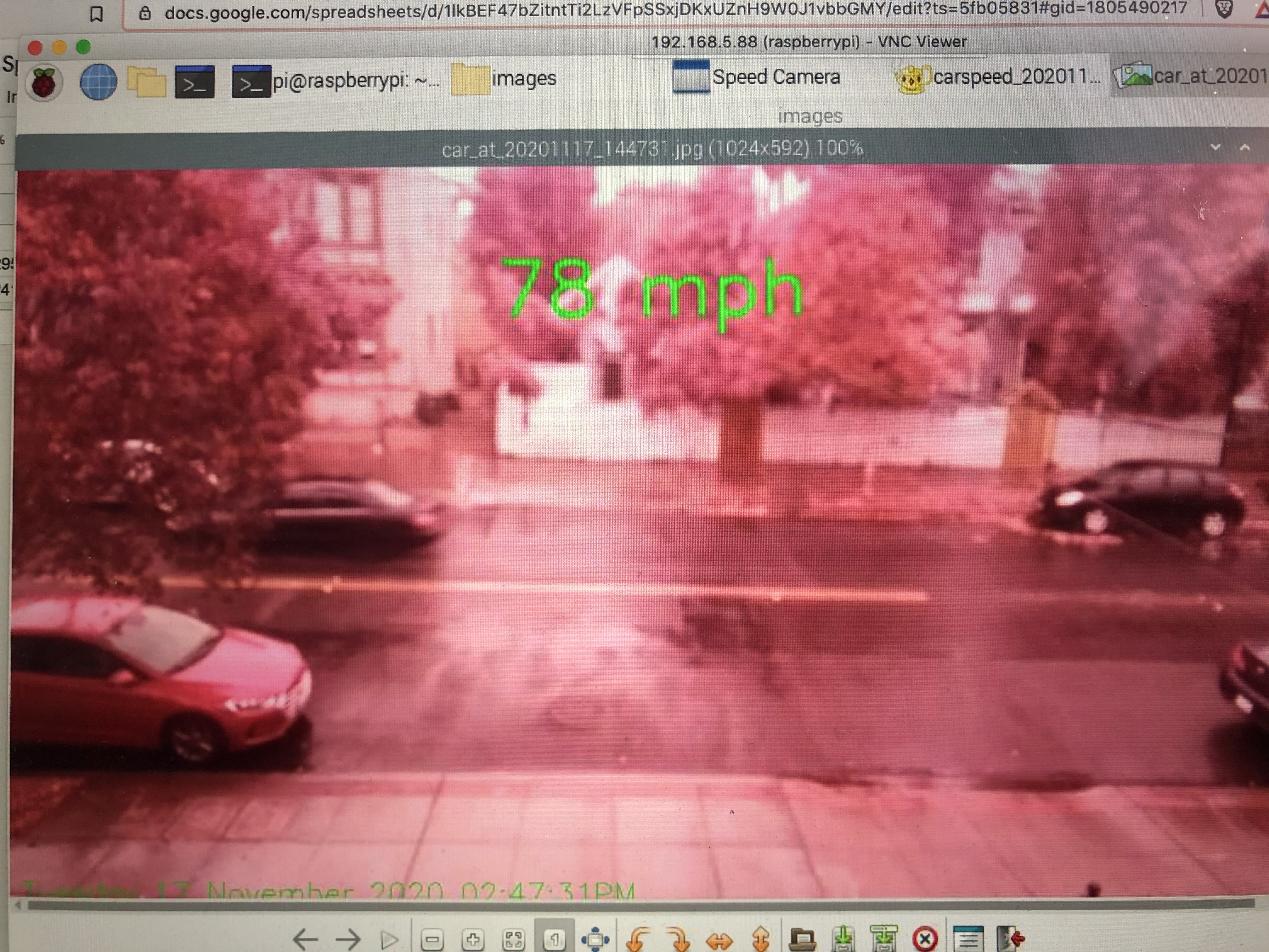 Screenshot of the Raspberry Pi interface with the photo snapped from a car going 78mph.