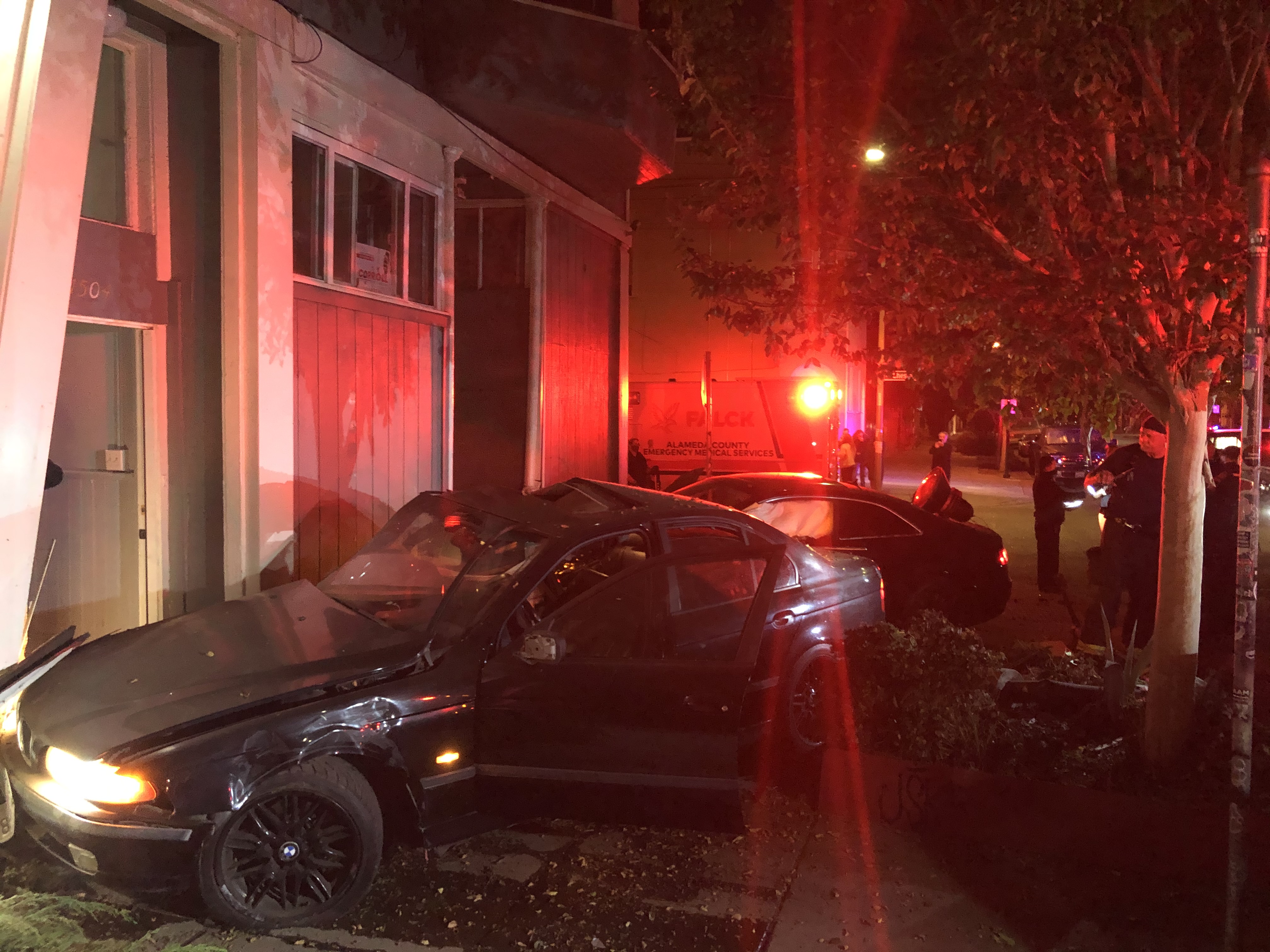 Two vehicles crash onto sidewalk and almost hit gas line to building on 8th and Chester, November 1st, 2020.