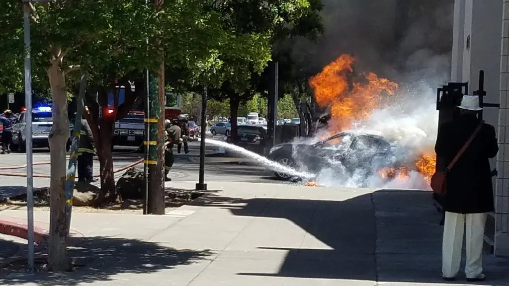 Vehicle explodes in flames after doing donuts and hitting a pole at 8th and Chester, June 1, 2021.