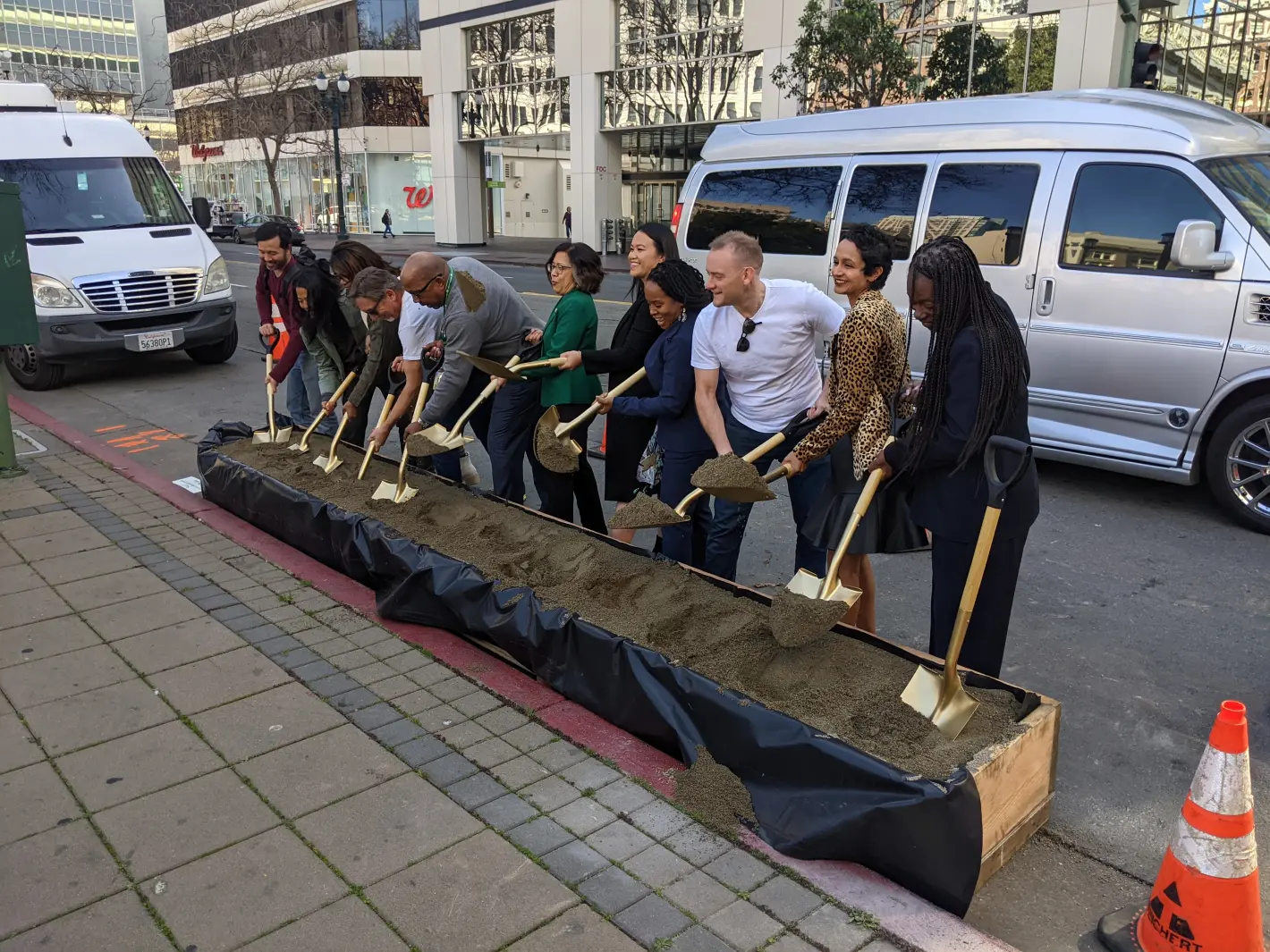 Groundbreaking ceremony for the 14th Street protected bikeway project in front of Oakland City Hall in 2024.